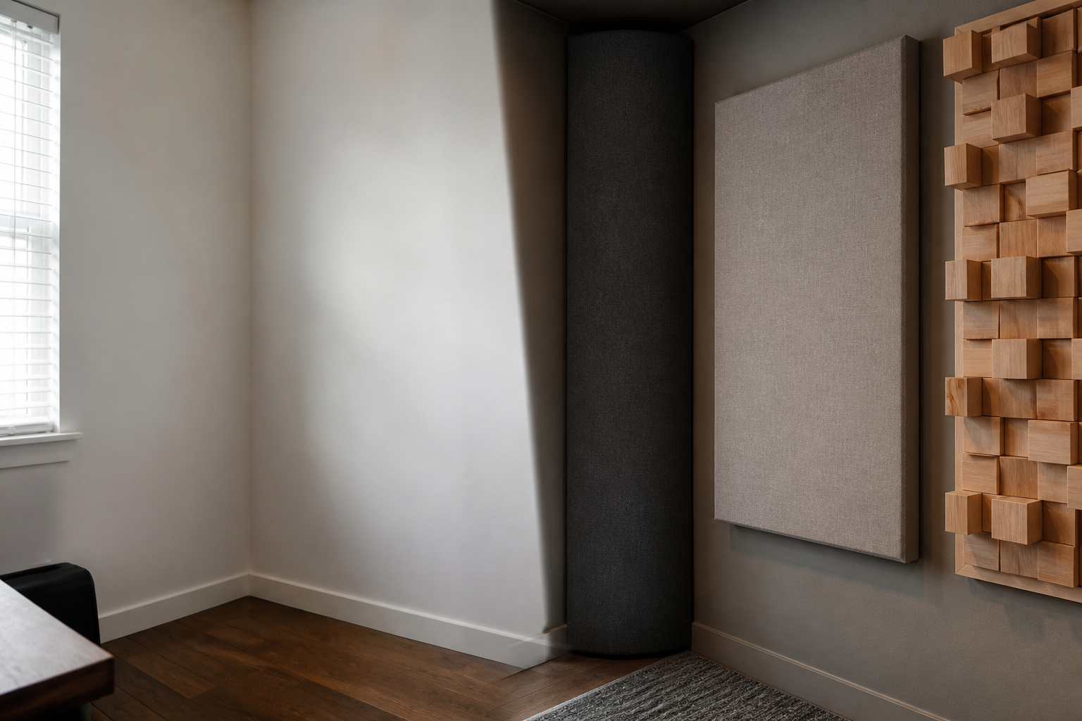 Détail avant-après d'un angle de pièce non traité puis traité acoustiquement