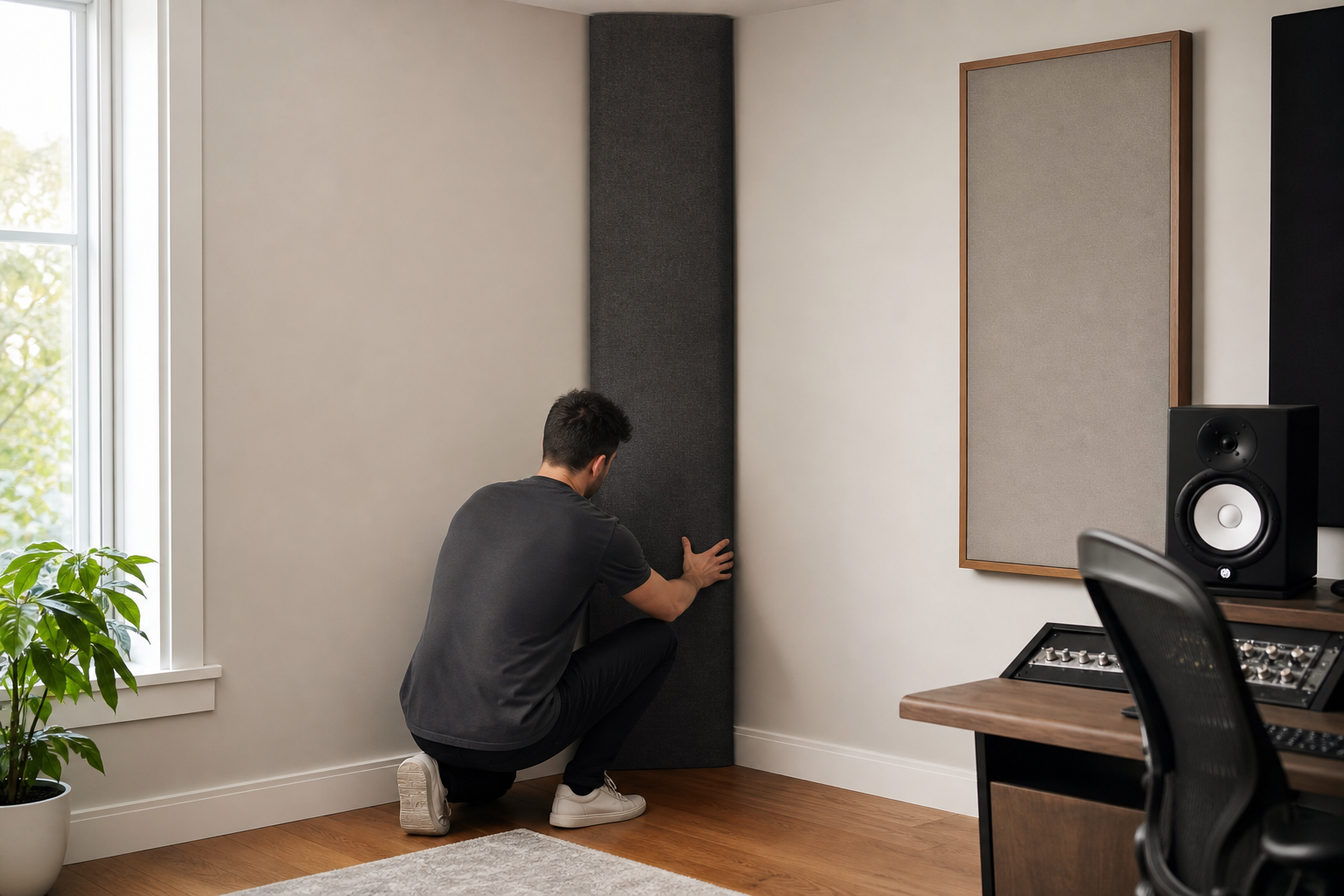 Installation d'un bass trap dans un angle de pièce