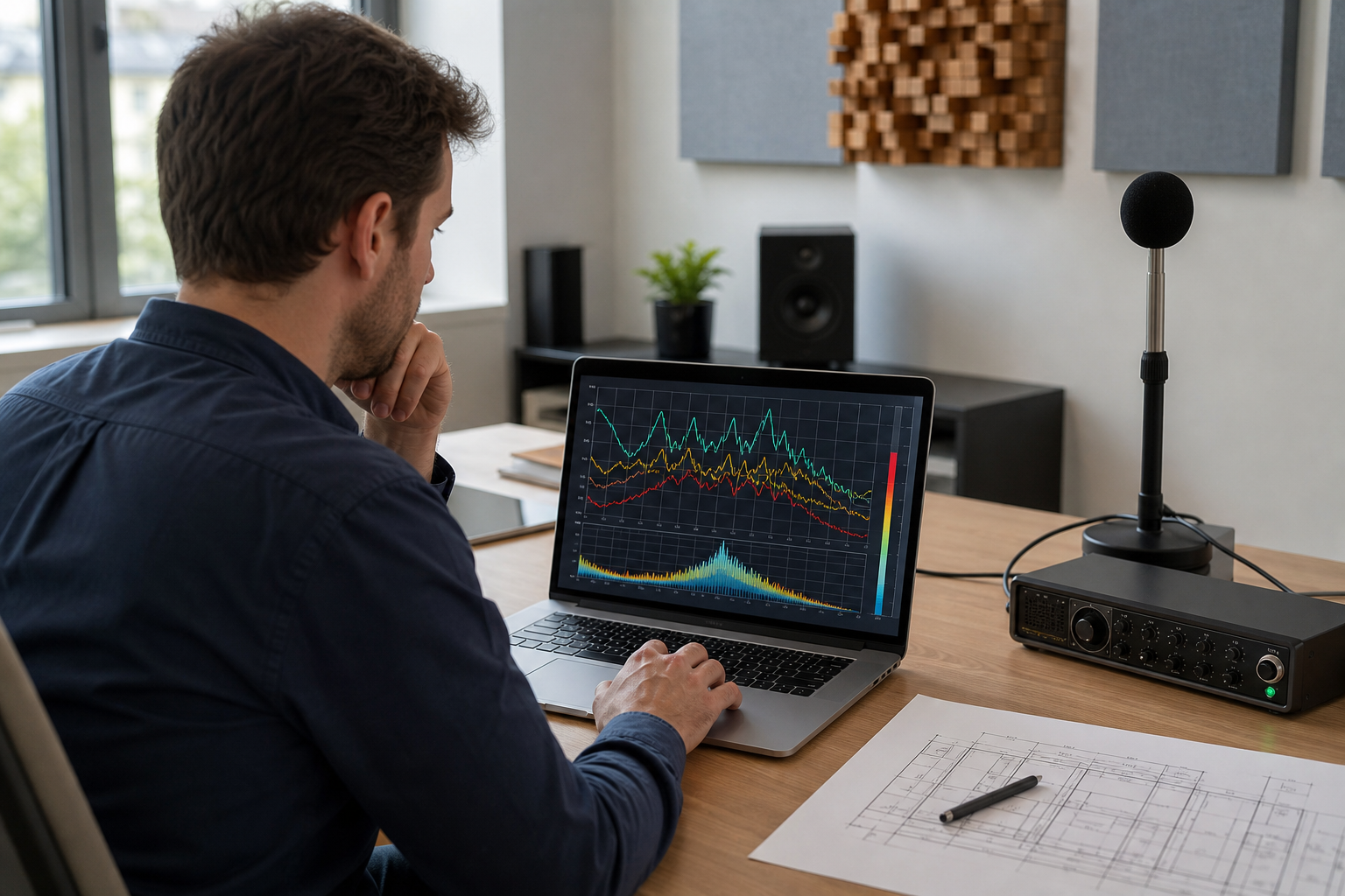 Consultant analysant un graphique de mesure acoustique sur ordinateur portable