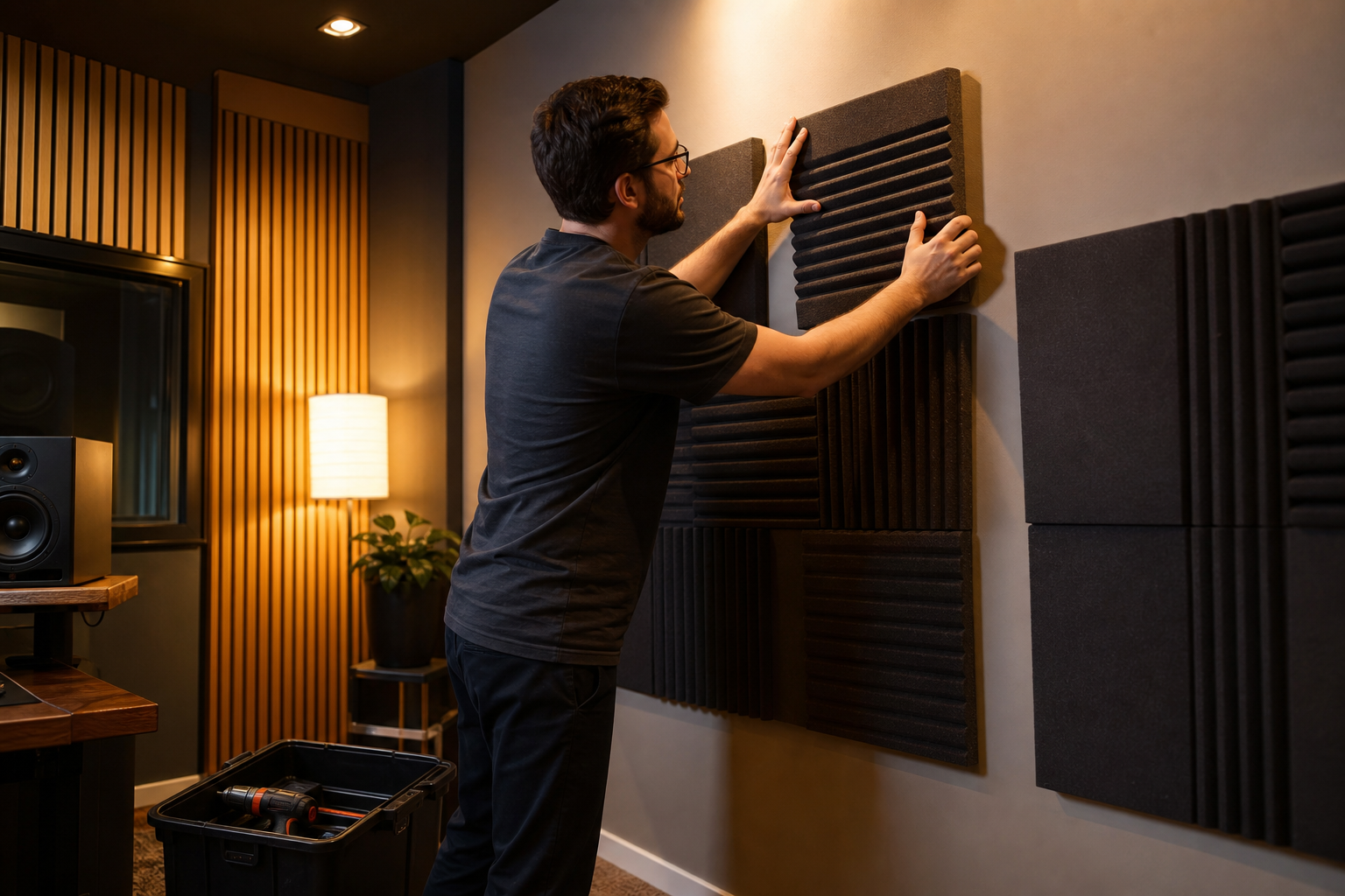 Consultant acoustique installant des panneaux de mousse absorbante sur un mur de studio à Perpignan