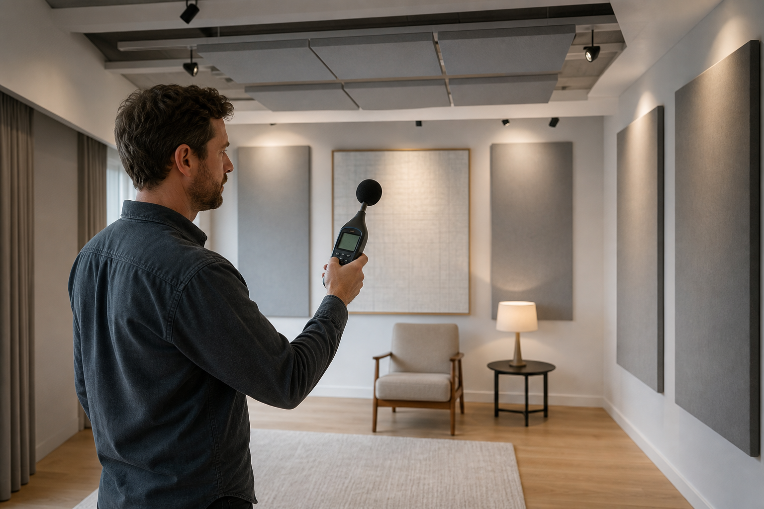 Consultant mesurant l'acoustique d'une pièce avec un appareil portable
