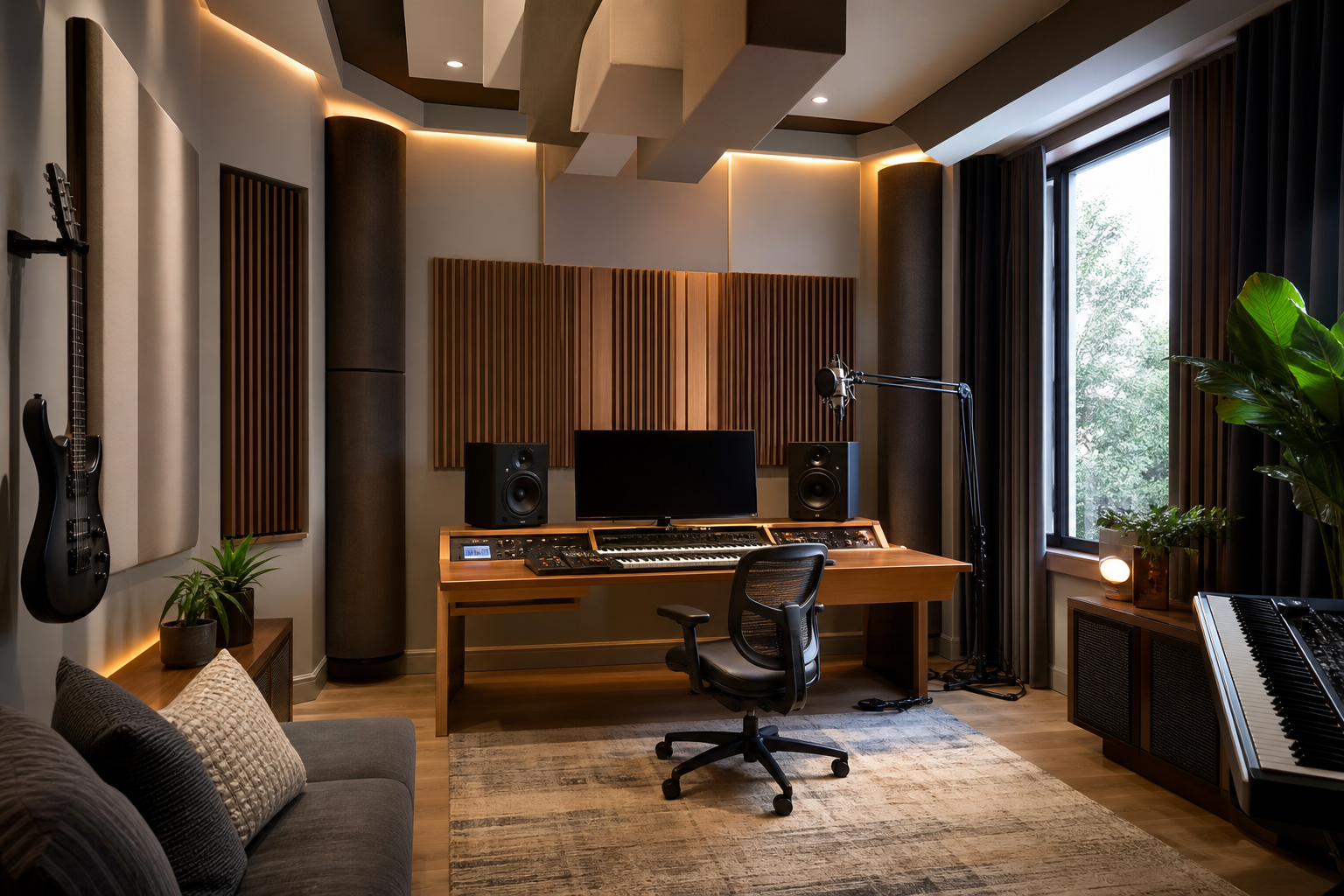 Home studio acoustiquement traité avec panneaux esthétiques